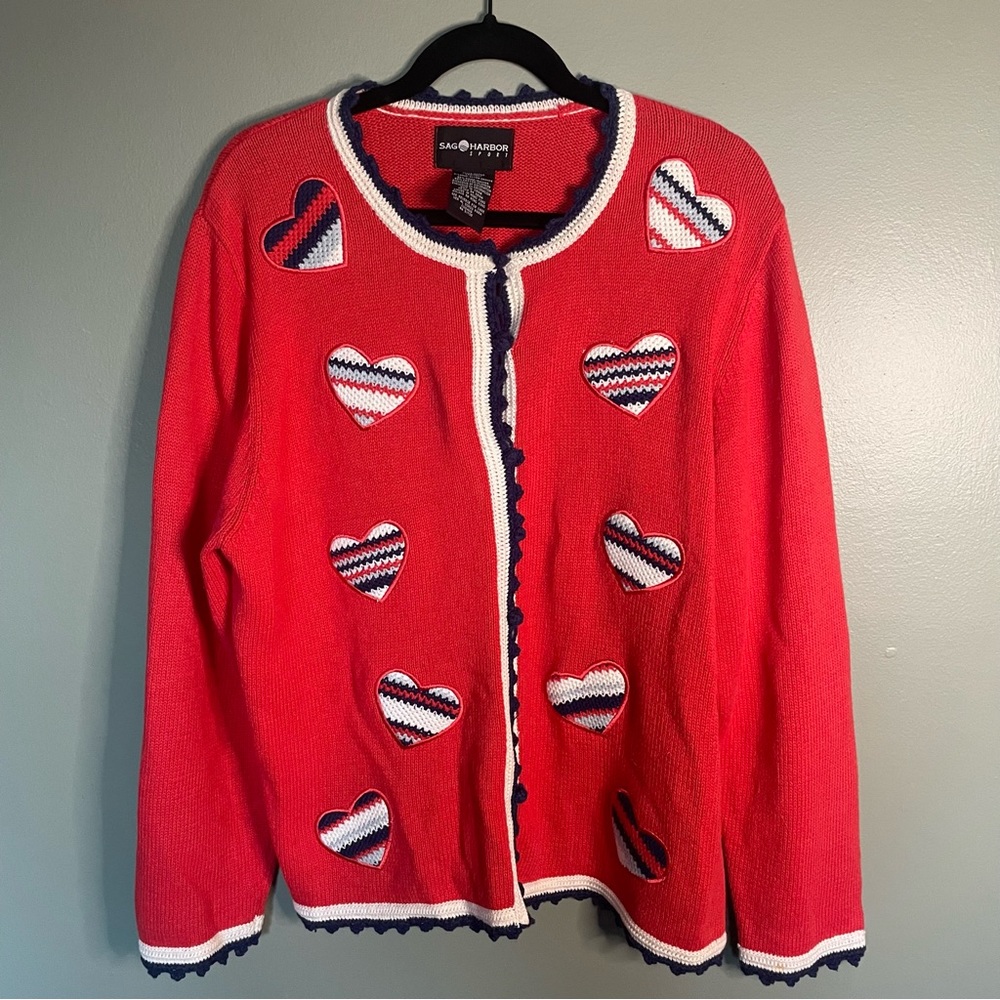 Vintage Sag Harbor Sport Red Heart Valentine Appliqué Cardigan size XL
